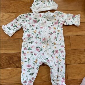 Little Me Pink and Green Floral One Piece with Hat